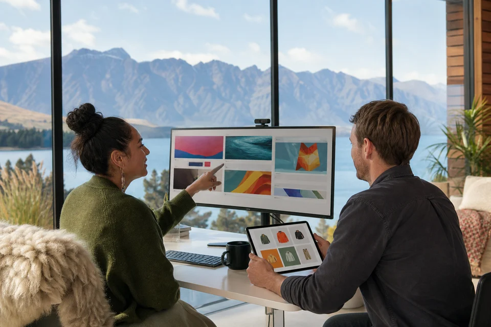 Queenstown design team reviewing a custom website layout and ecommerce page sections