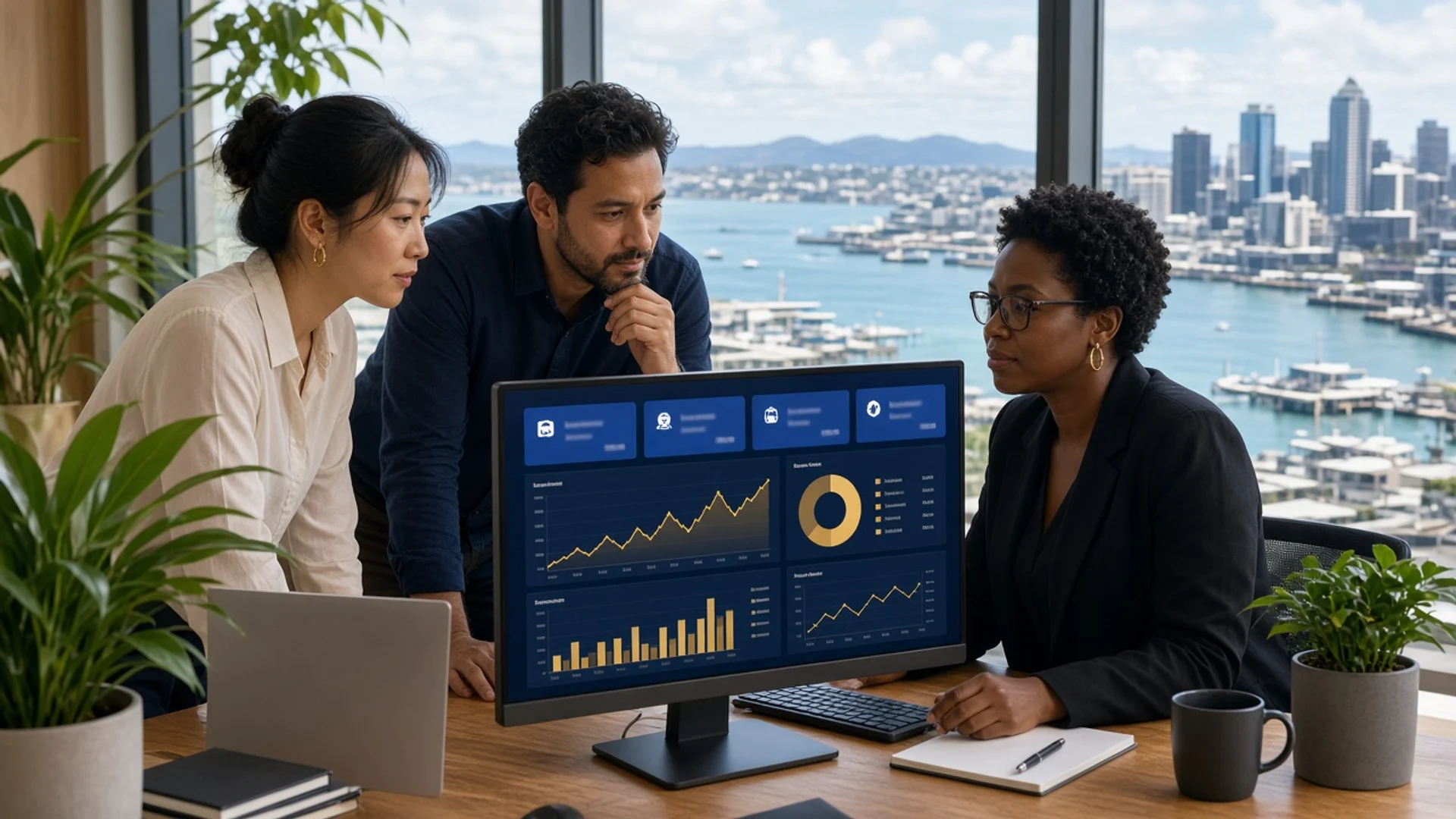 Bright Auckland office where a finance team reviews an original blue and gold accounting dashboard