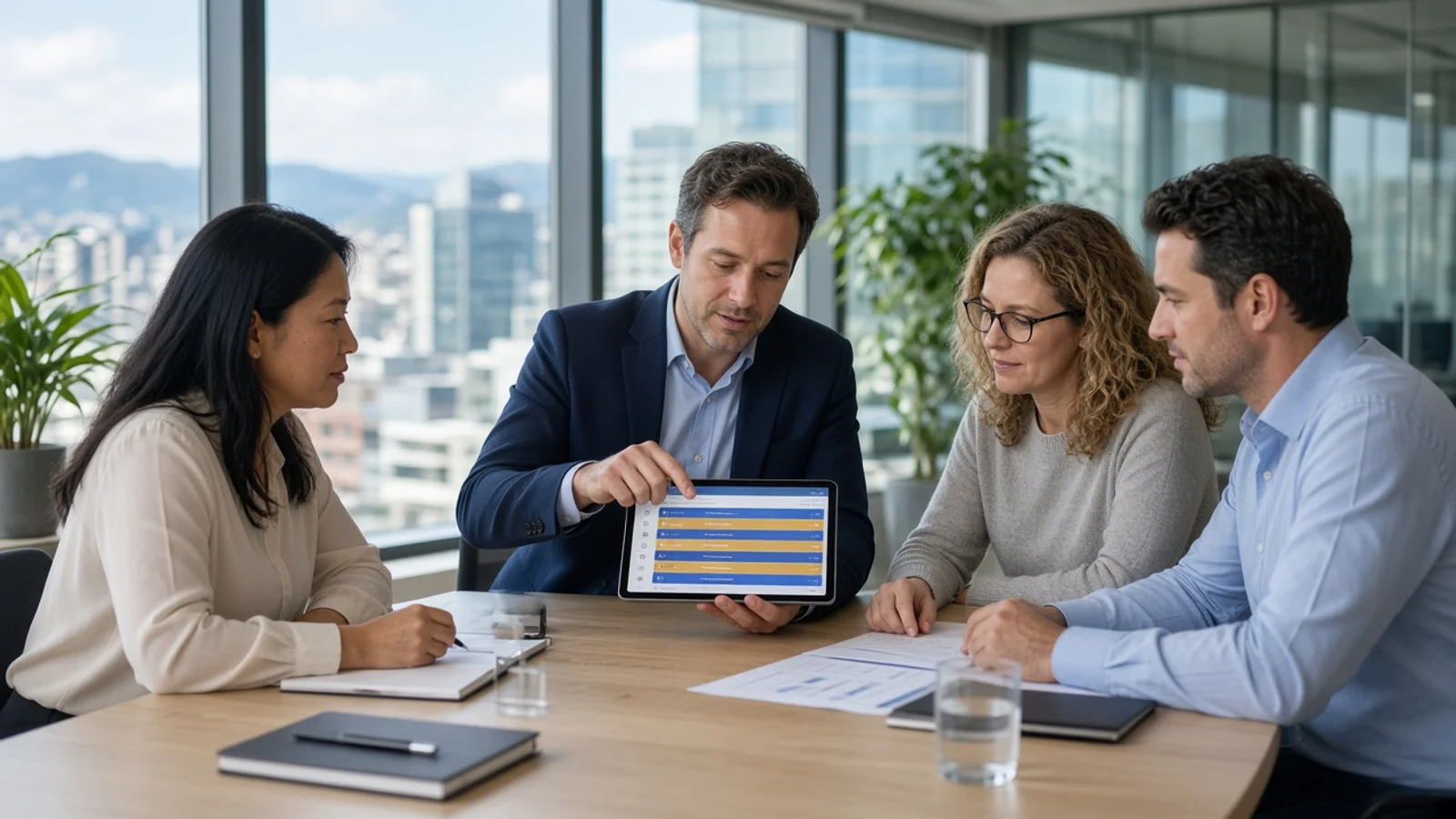 Finance meeting reviewing reconciliation matches on a tablet in daylight