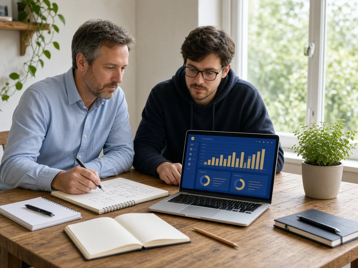 Accountant and developer planning a custom ledger beside a laptop in daylight