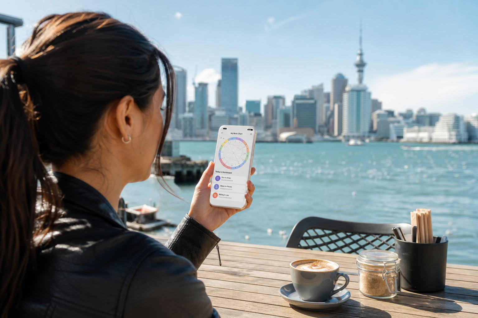 Bright Auckland waterfront cafe with a person viewing an astrology birth chart on a smartphone