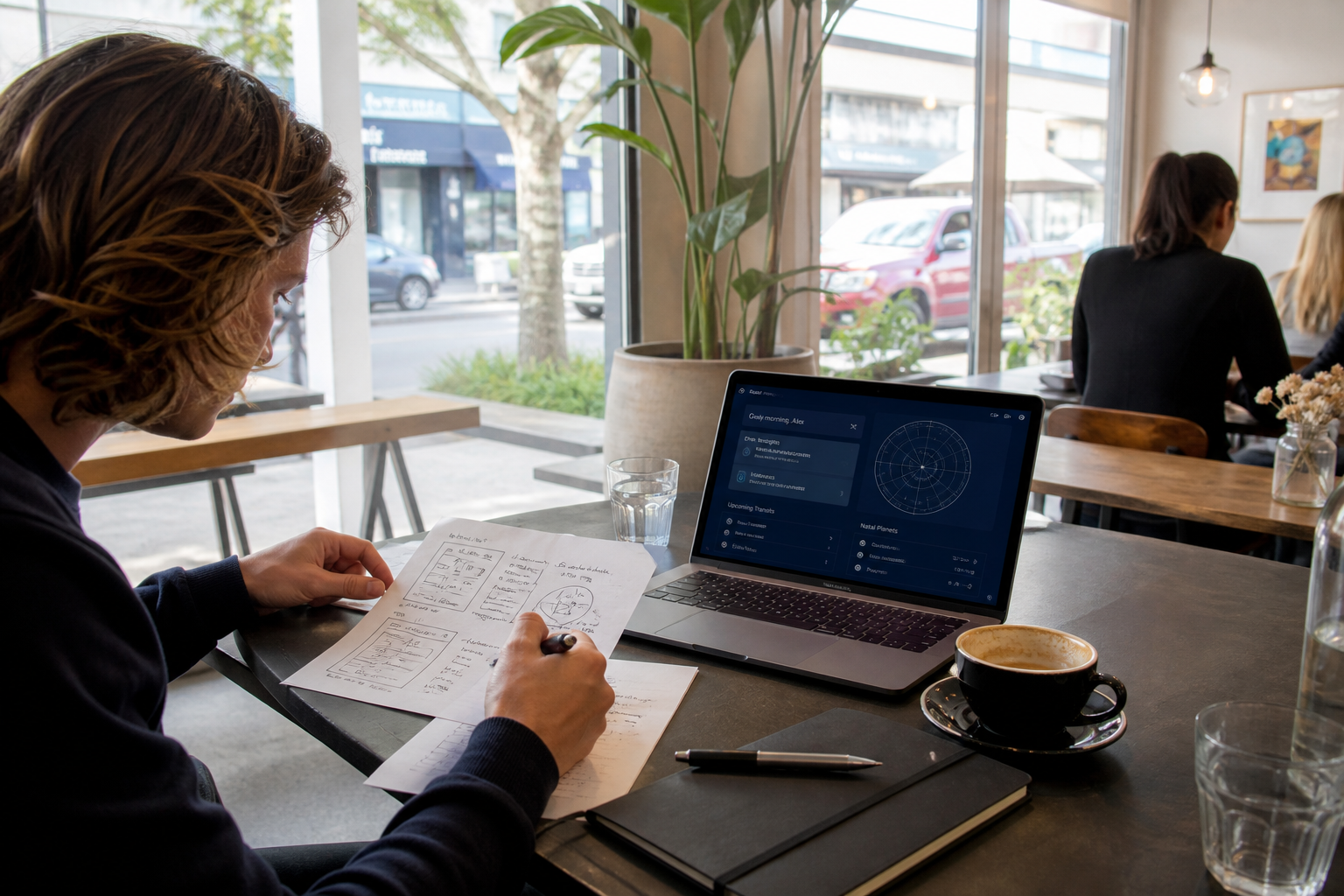 Bright Auckland cafe with a founder reviewing a custom astrology app wireframe