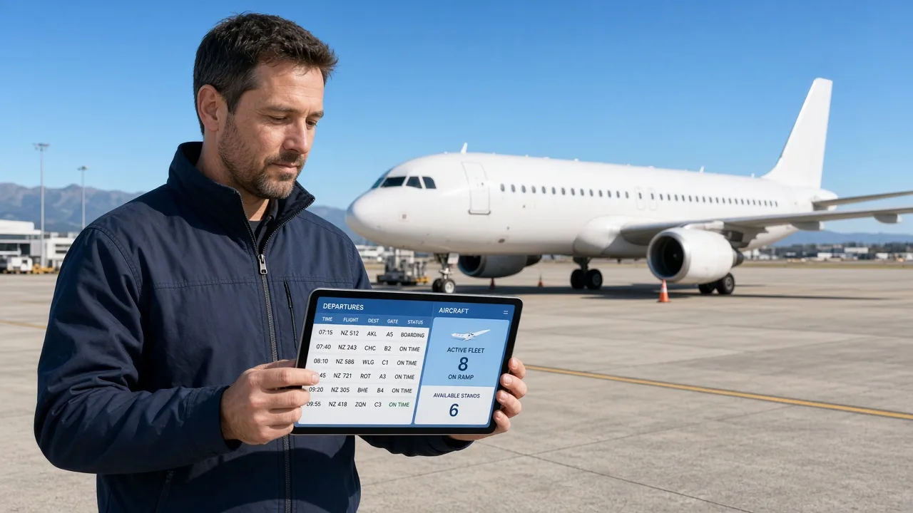 Bright New Zealand airport apron with an operations lead using an original flight dashboard beside a white aircraft