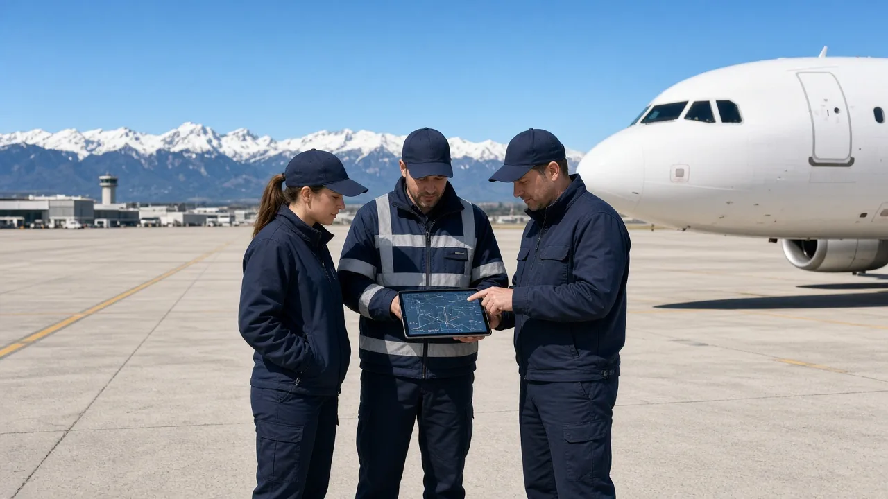 Bright airport team reviewing an original aviation operations plan beside a white aircraft