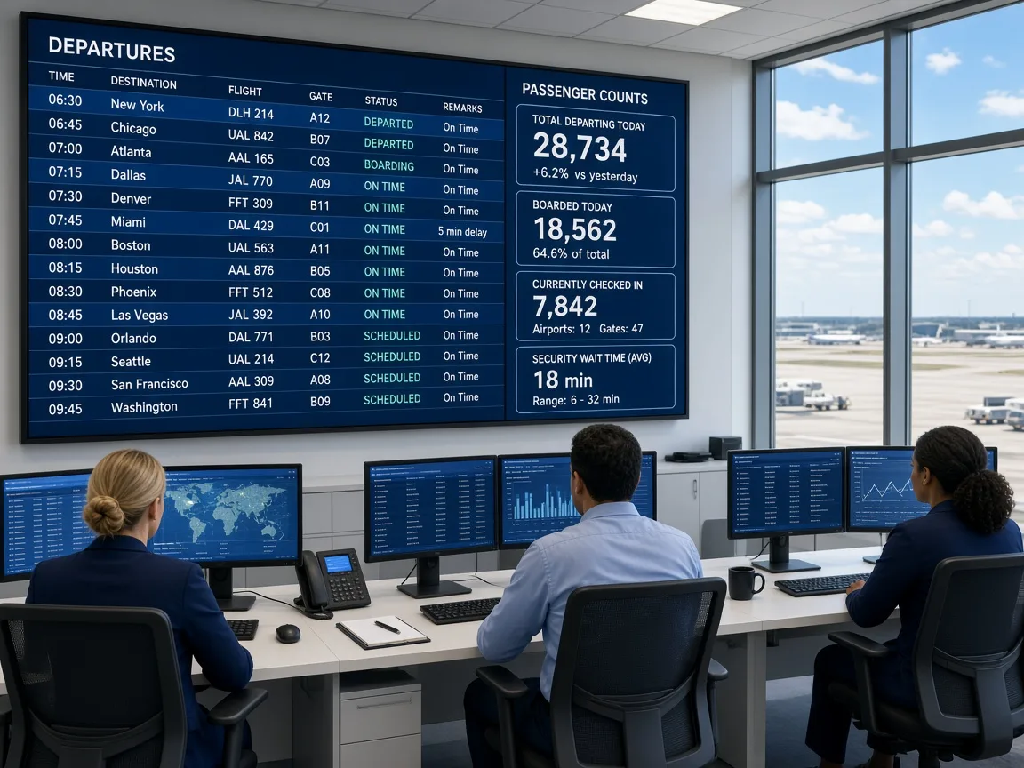 Bright airline operations room with an original schedule and passenger board