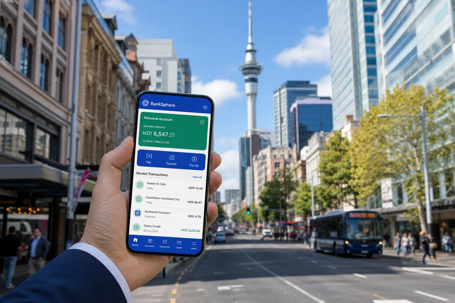 Bright Auckland street with a customer using an original digital banking app to review balances and transfers