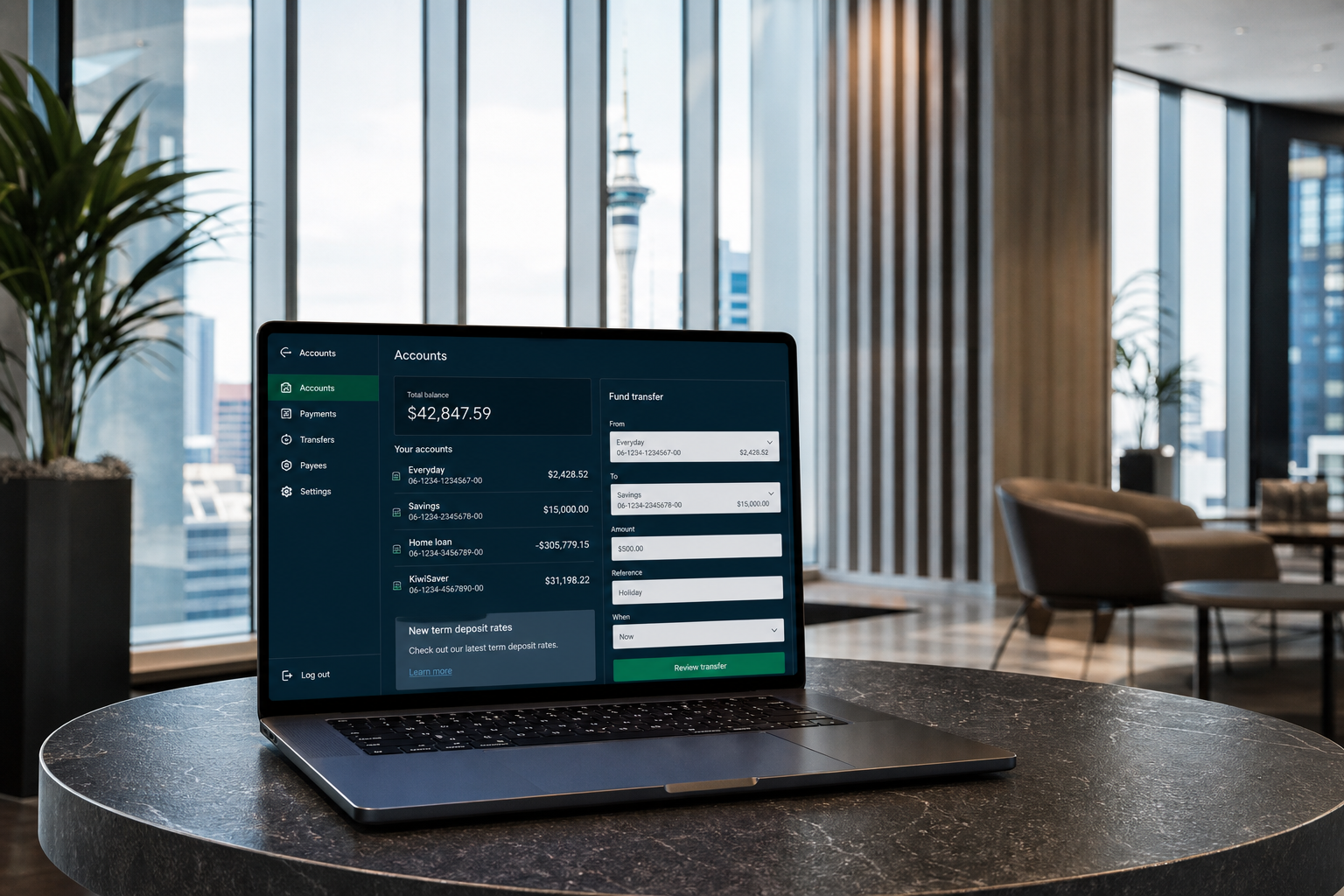 Bright Auckland office with a laptop showing original digital banking accounts and a transfer form