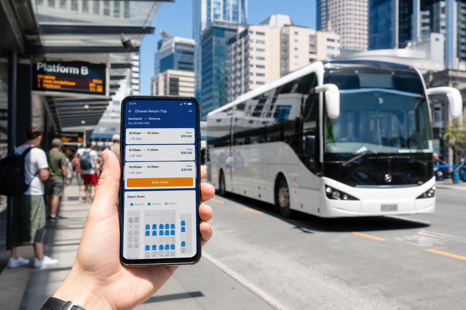 Bright Auckland transport hub with a traveller booking a bus ticket on an original mobile app