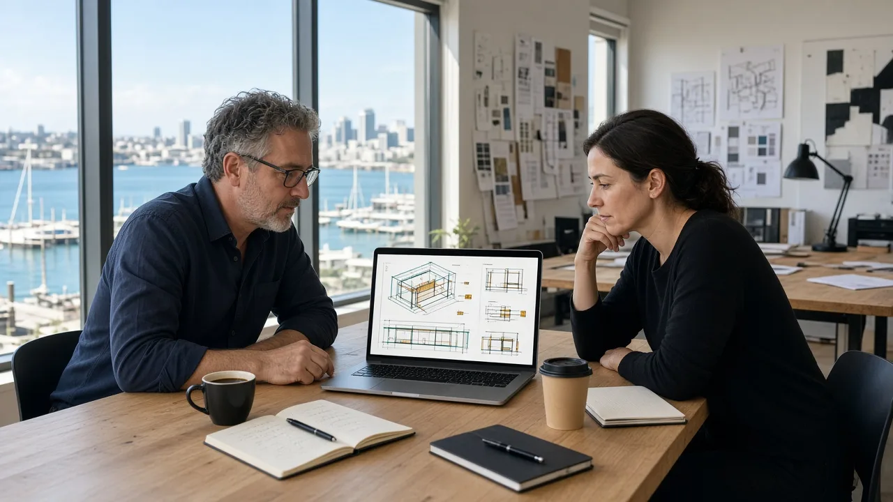 Sunny Auckland studio with a facilities lead reviewing an original CMMS plan on a laptop