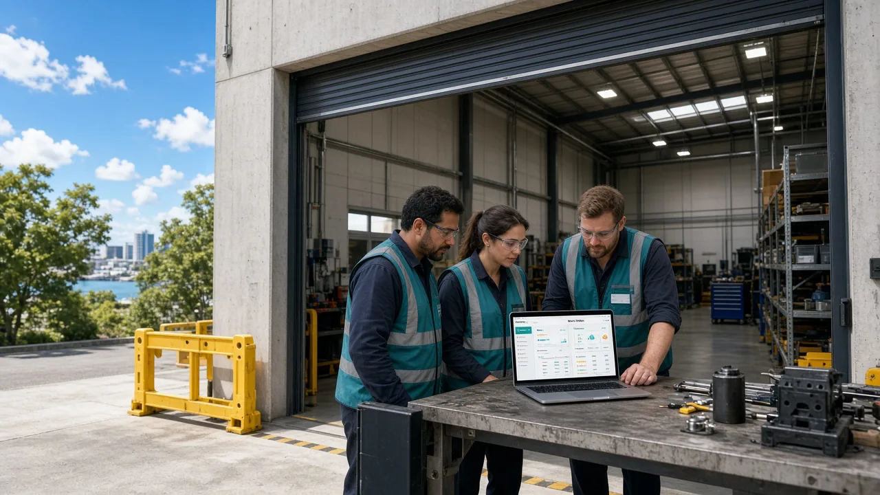 Bright Auckland maintenance team reviewing an original CMMS dashboard beside industrial equipment