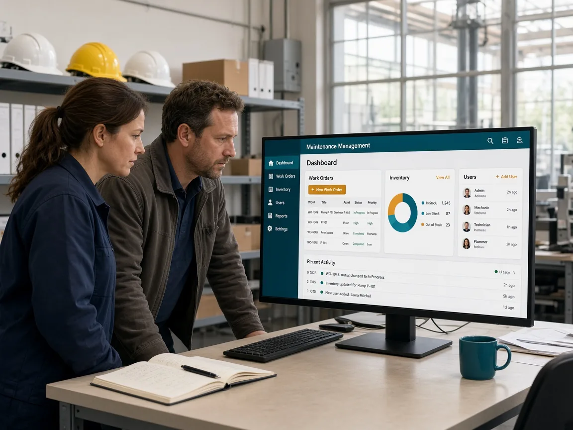 Bright Hamilton workshop with a monitor showing an original custom CMMS platform