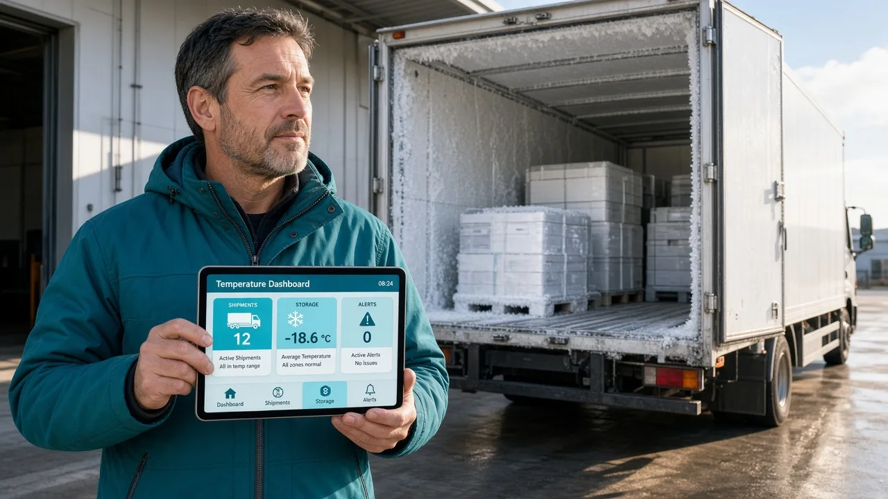 Bright New Zealand cold store dock with a logistics lead checking an original temperature dashboard beside a refrigerated truck