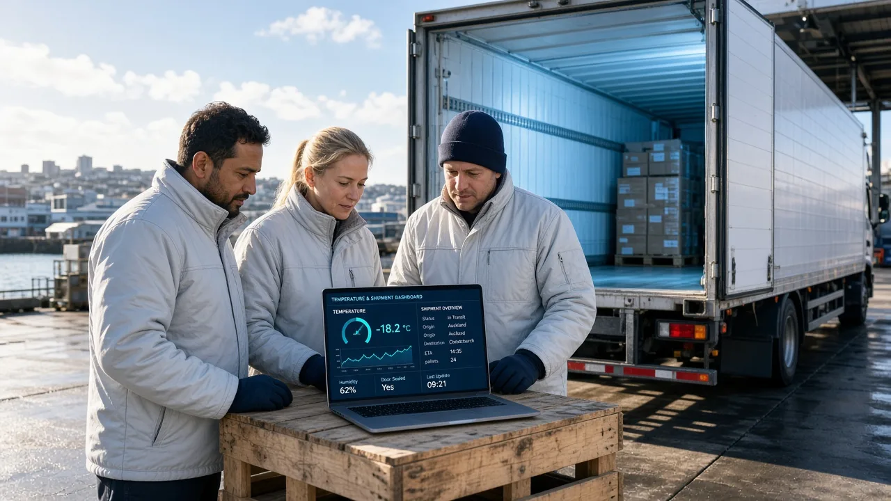 Bright Auckland cold dock team reviewing an original temperature and shipment dashboard