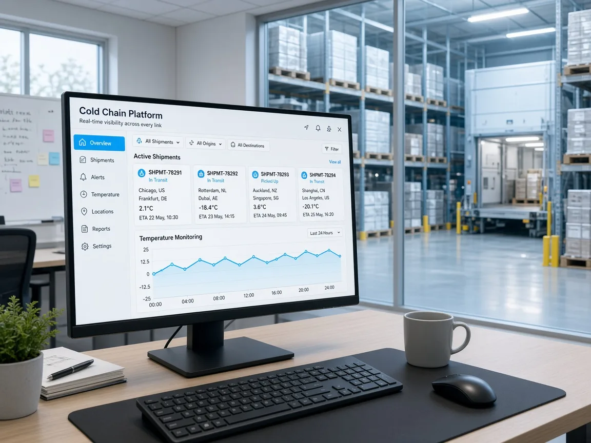 Bright operations desk showing an original cold chain platform across shipments and temperatures