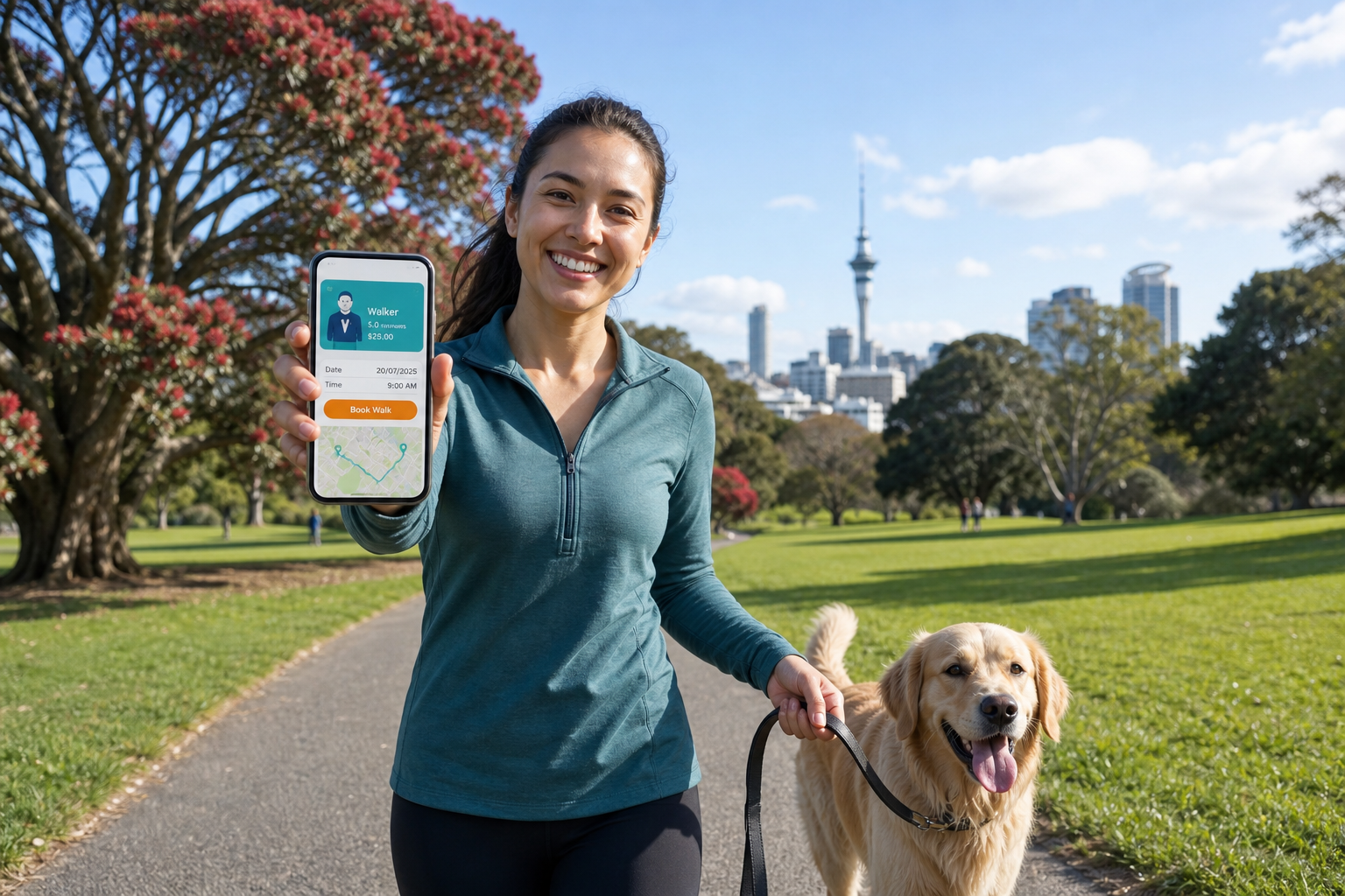 Bright Auckland Domain park with a walker and golden retriever reviewing an original dog walking app