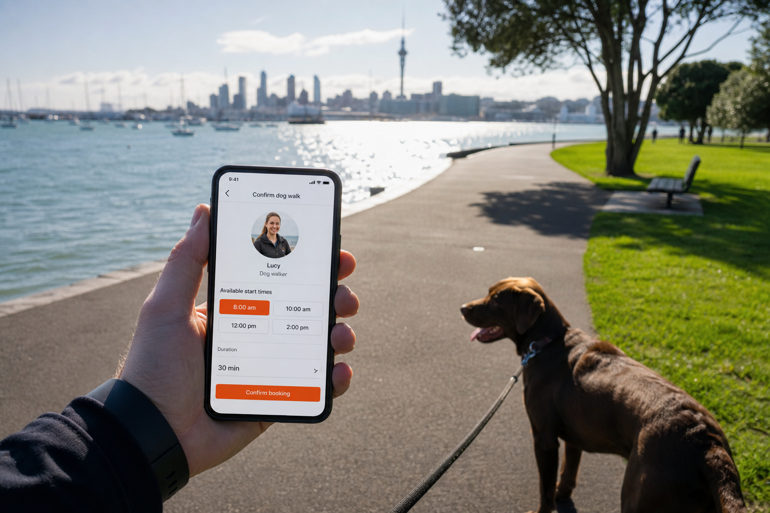 Sunny Auckland waterfront park with a phone showing an original dog walking booking app