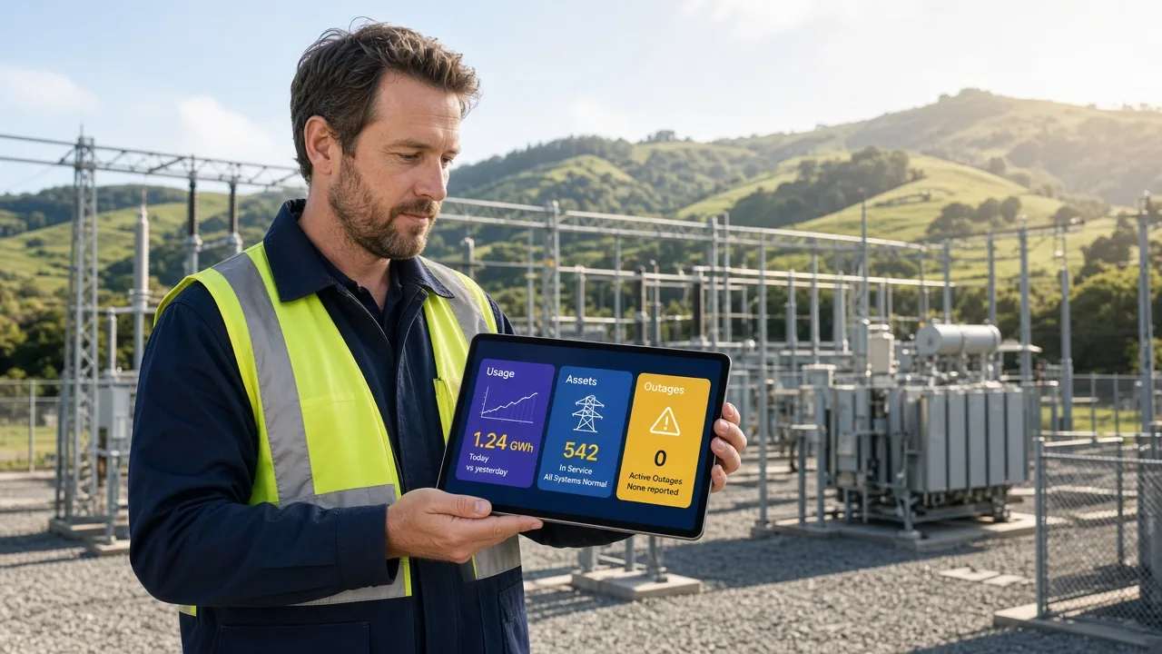 Bright New Zealand substation yard with an engineer using an original energy operations dashboard on a tablet