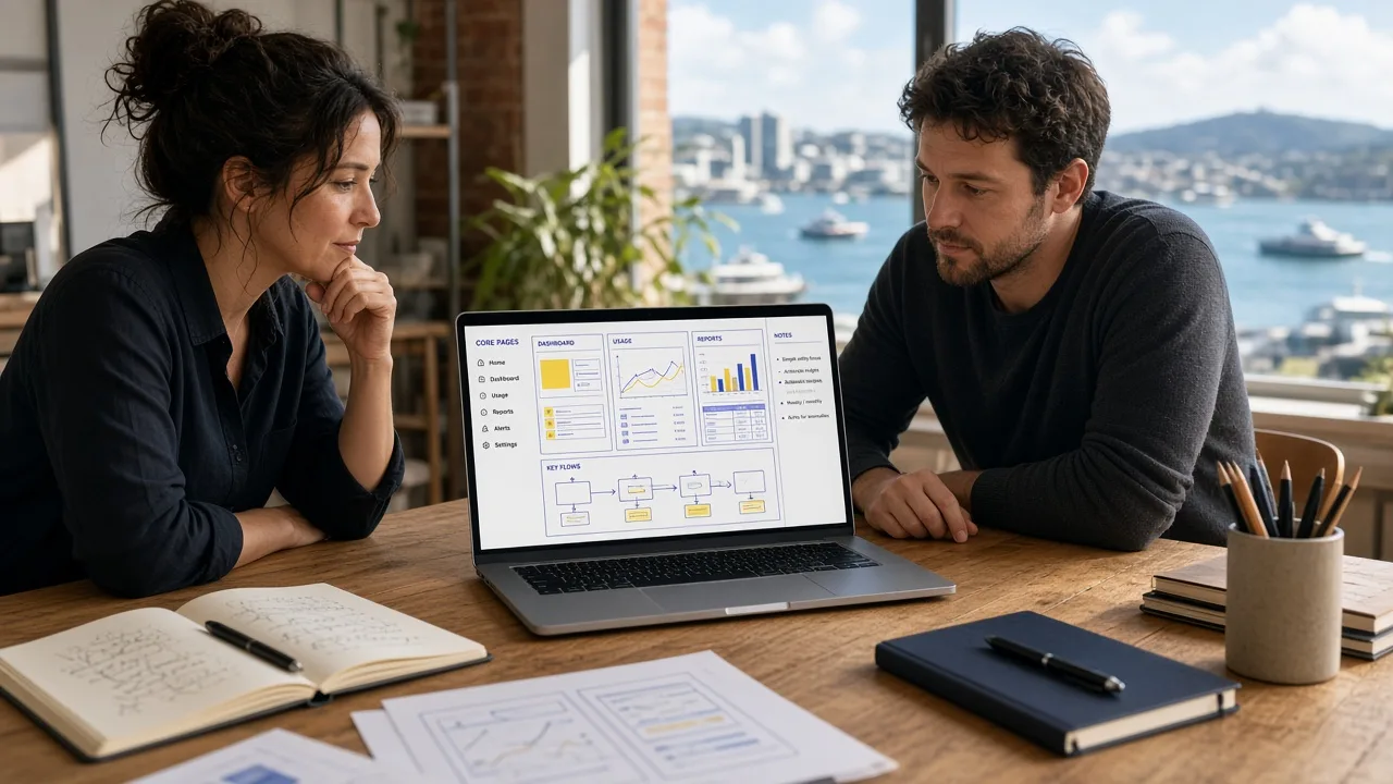 Sunny Auckland studio with a product team reviewing an original utility app plan on a laptop