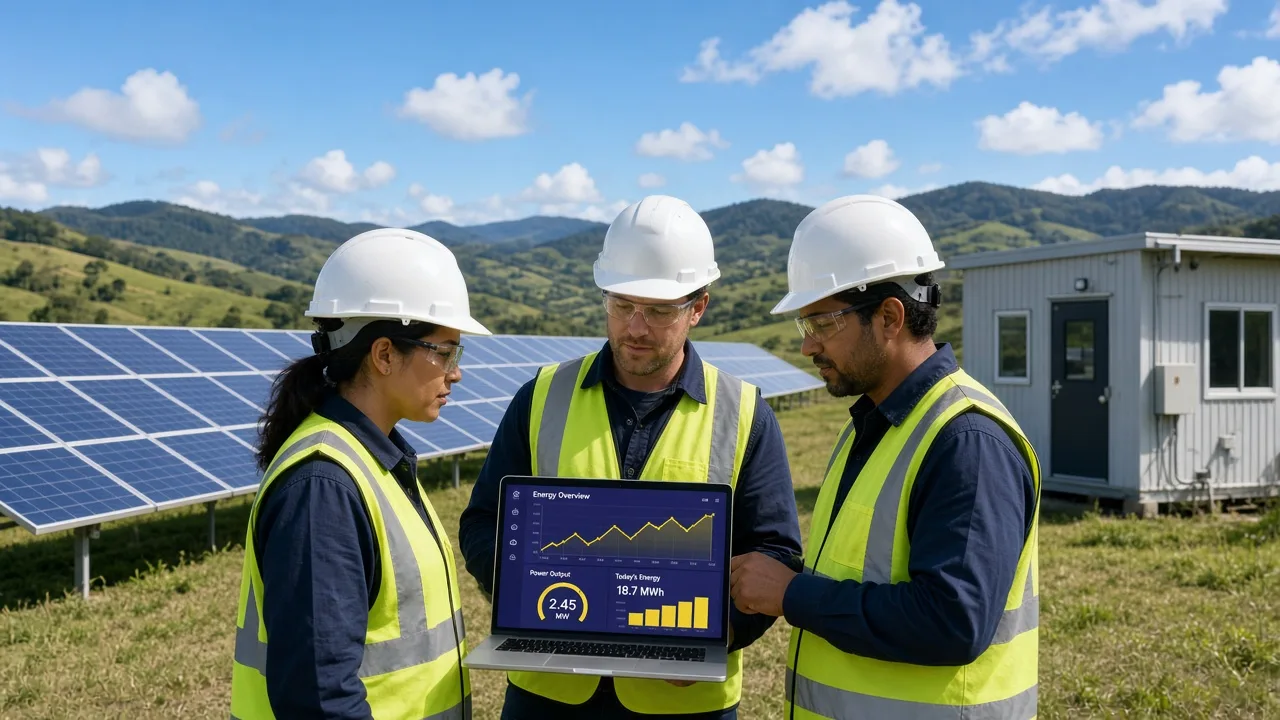 Bright Auckland utility team reviewing an original operations dashboard beside solar and grid equipment