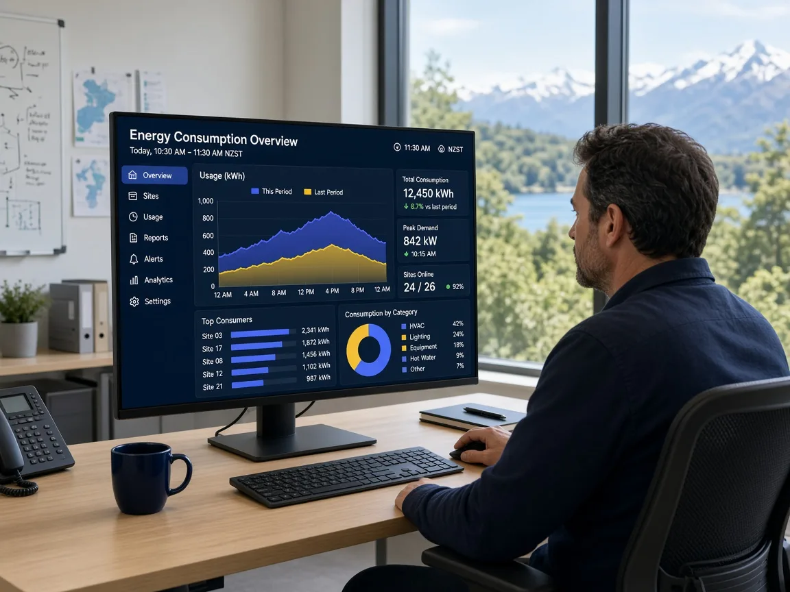 Sunny control room with a monitor showing an original energy consumption dashboard