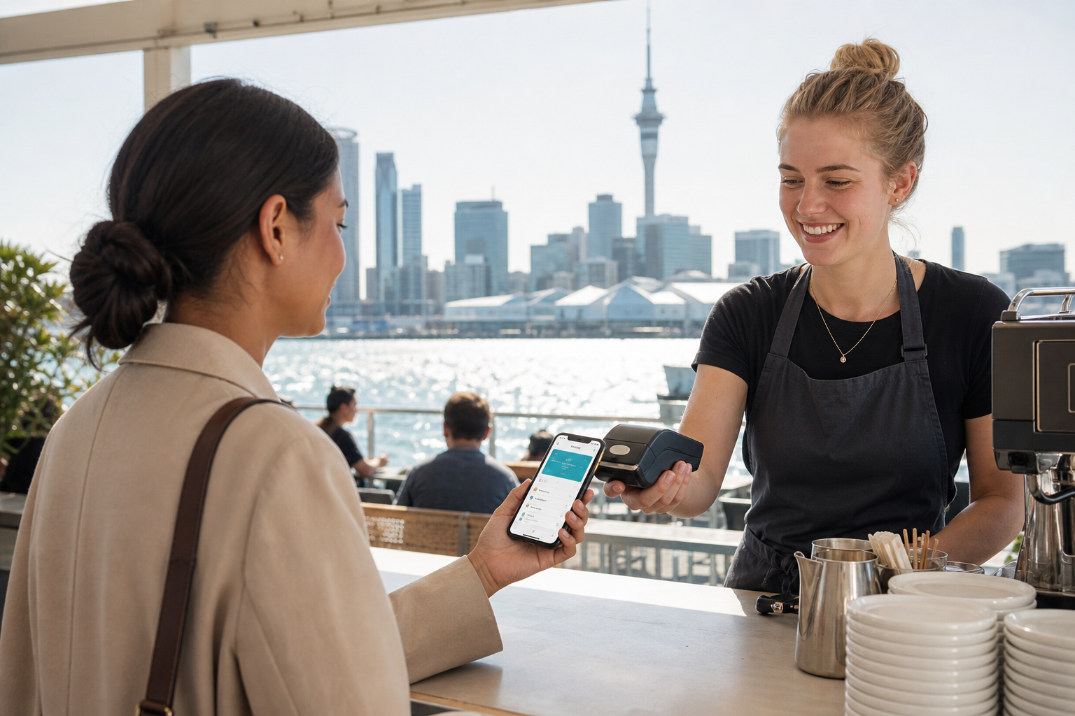 Bright Auckland waterfront cafe with a customer paying by phone through an original digital wallet