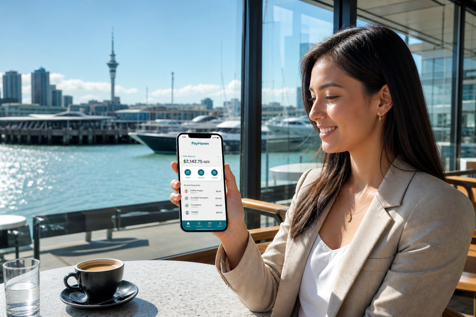 Bright Auckland waterfront cafe with a customer using an original digital wallet app on a sunny day