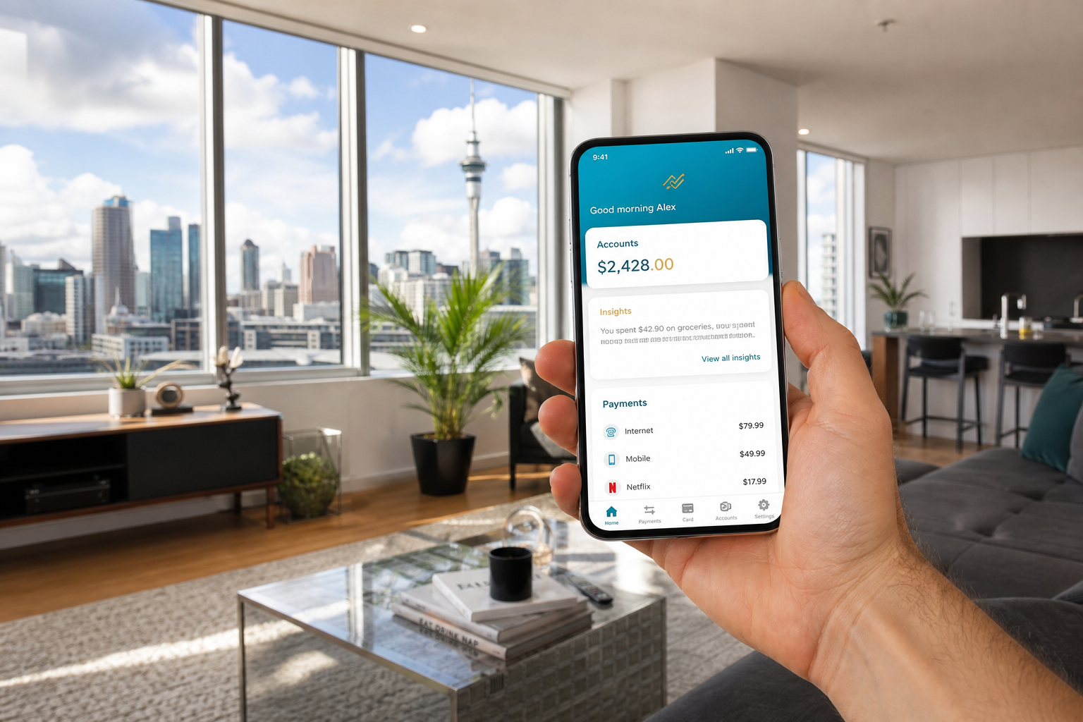 Sunny Auckland apartment with a phone showing an original fintech app with accounts and insights