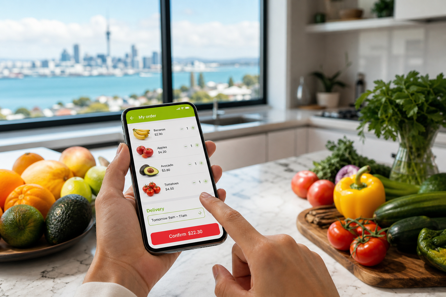 Bright Auckland kitchen with fresh produce on the counter and a customer using an original grocery delivery app