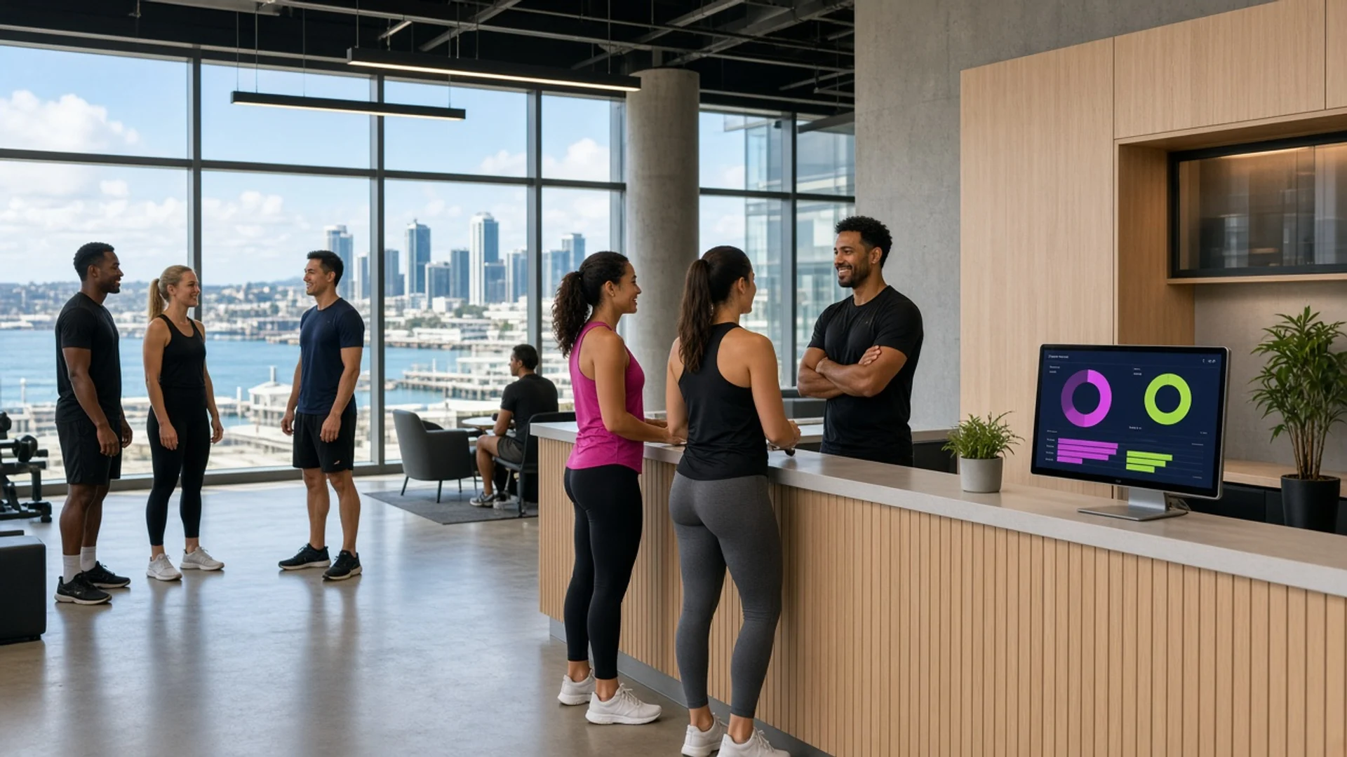 Bright Auckland gym where staff review an original membership dashboard at reception