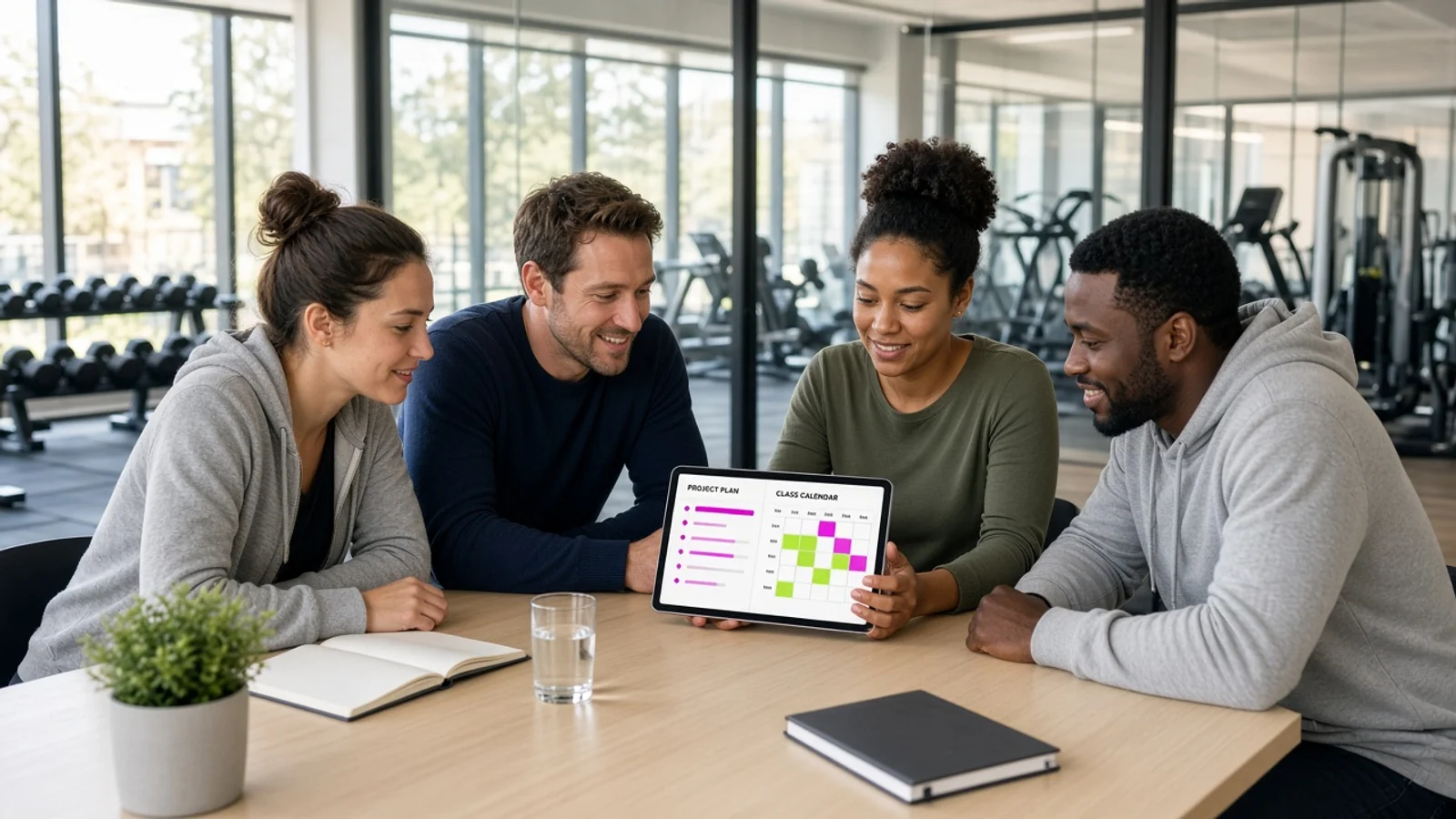 Fitness business meeting reviewing a class calendar and project plan above the gym floor