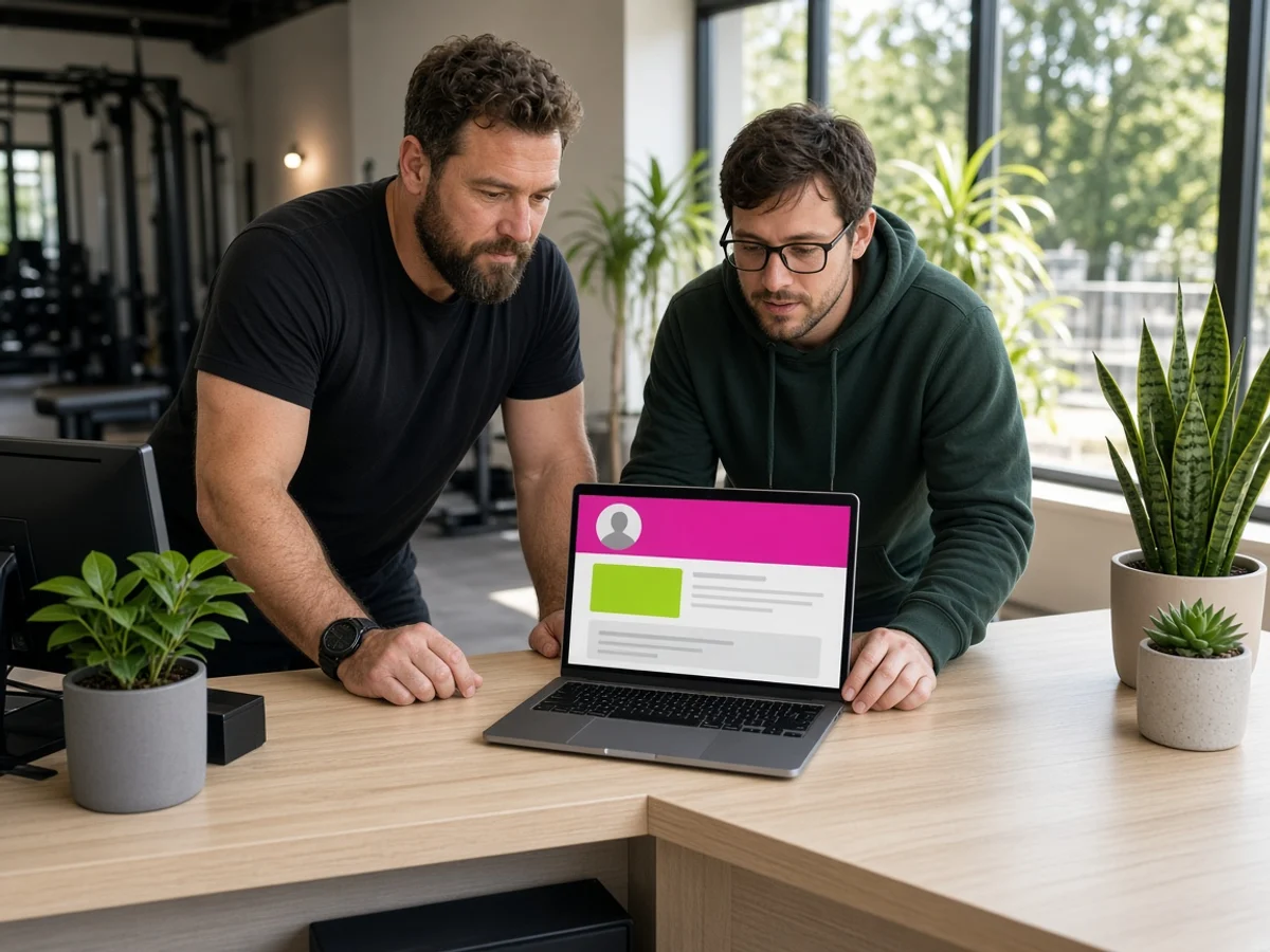 Gym owner and developer planning a custom fitness platform at a sunlit reception desk