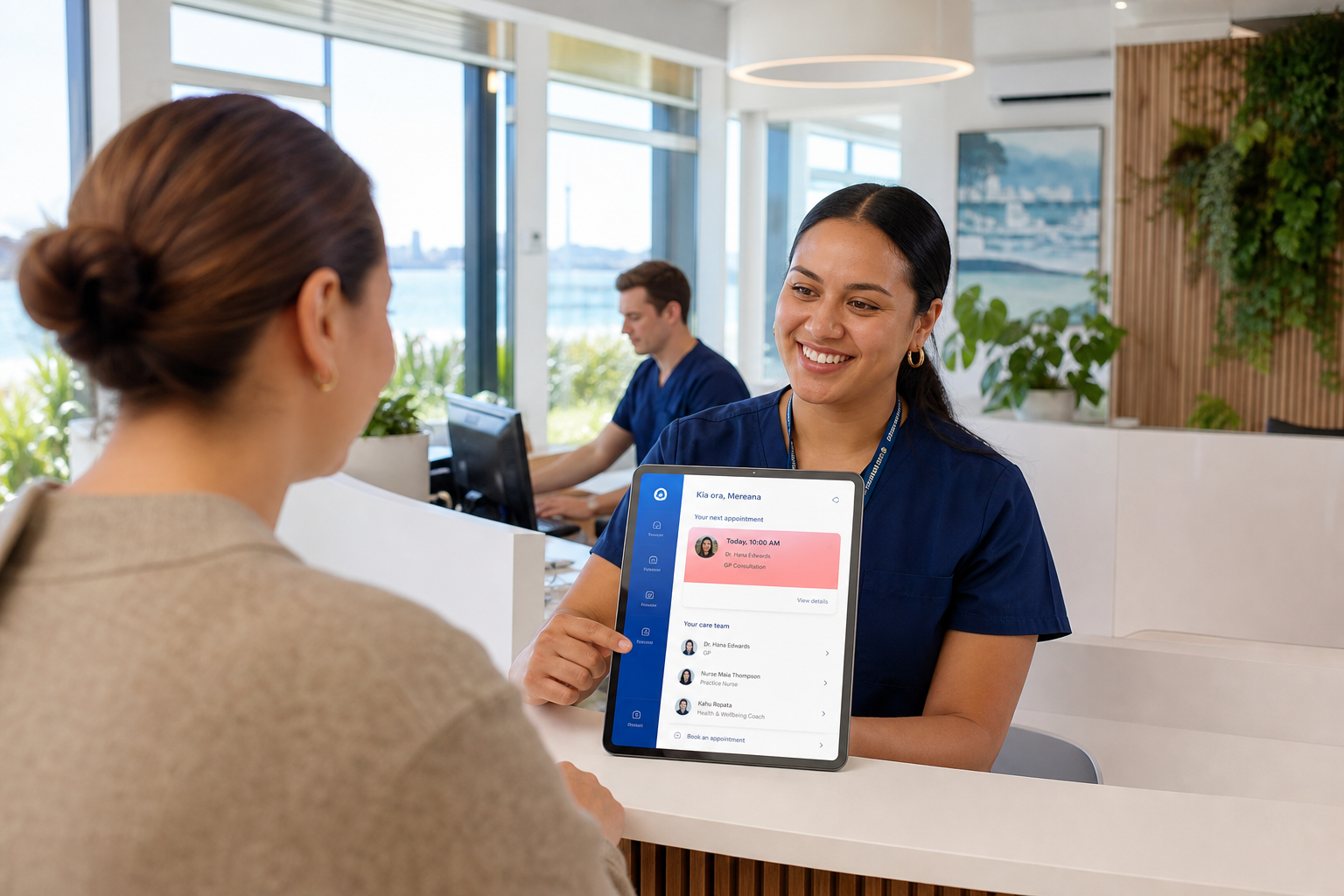 Bright Auckland clinic reception with a tablet showing an original healthcare appointments app