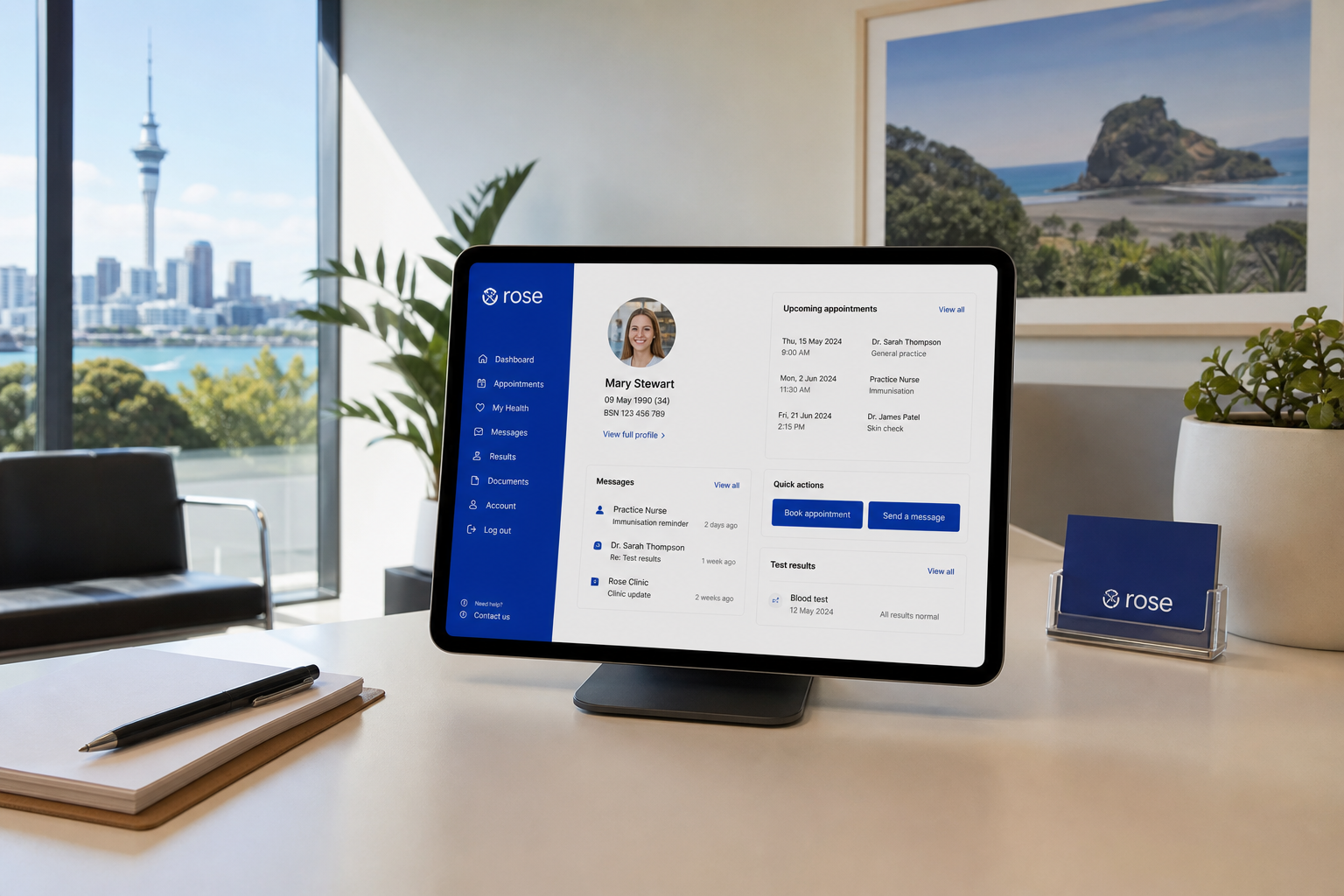 Sunny Auckland GP desk with a tablet showing original patient profiles and appointments
