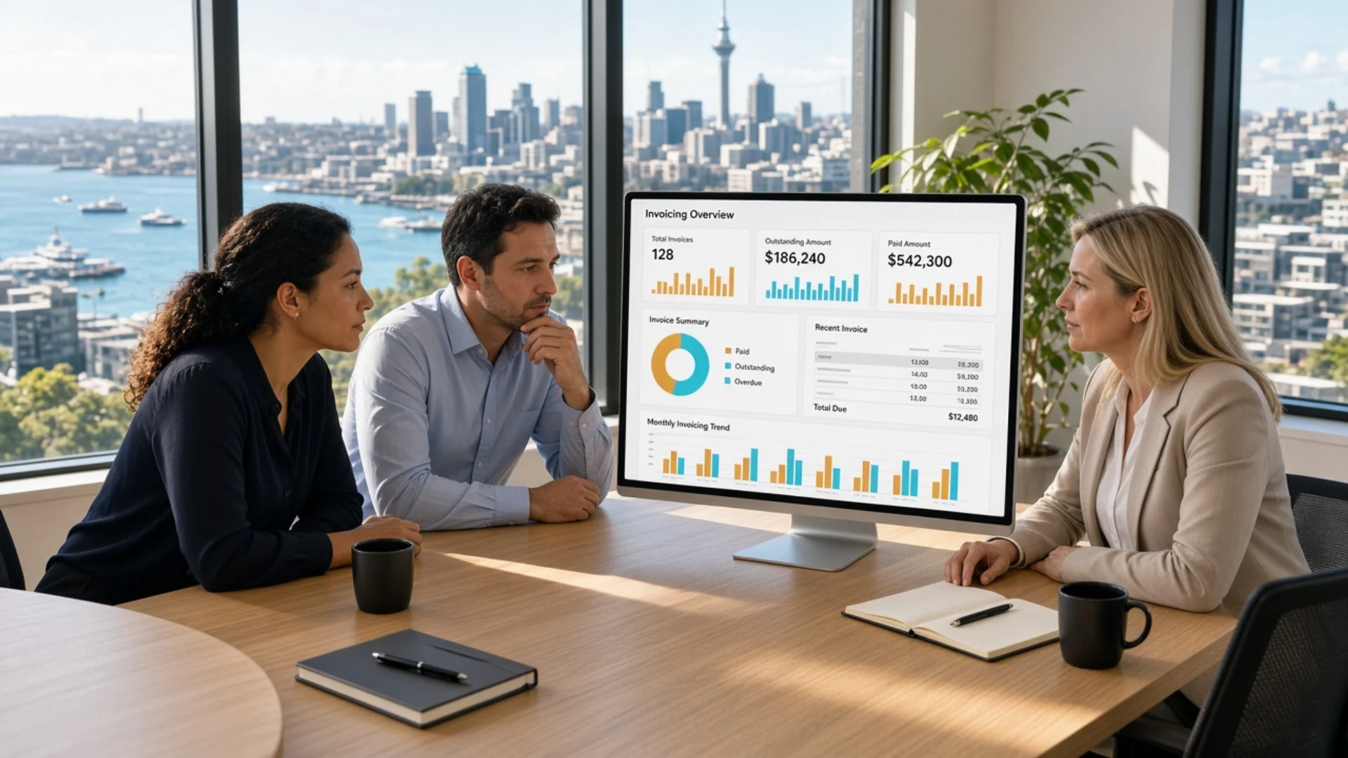 Bright Auckland waterfront office where a finance team reviews an original amber invoicing dashboard