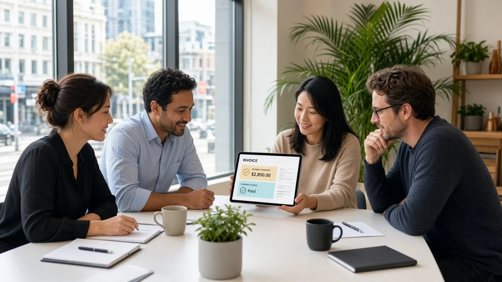 Auckland studio meeting reviewing an invoice and payment status on a tablet