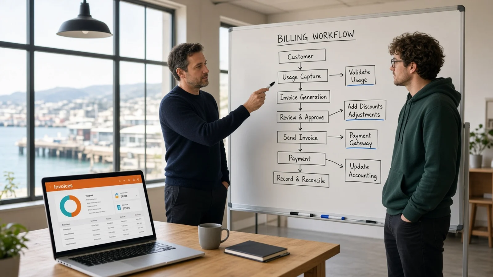 Workshop team mapping a billing workflow beside an original invoice dashboard