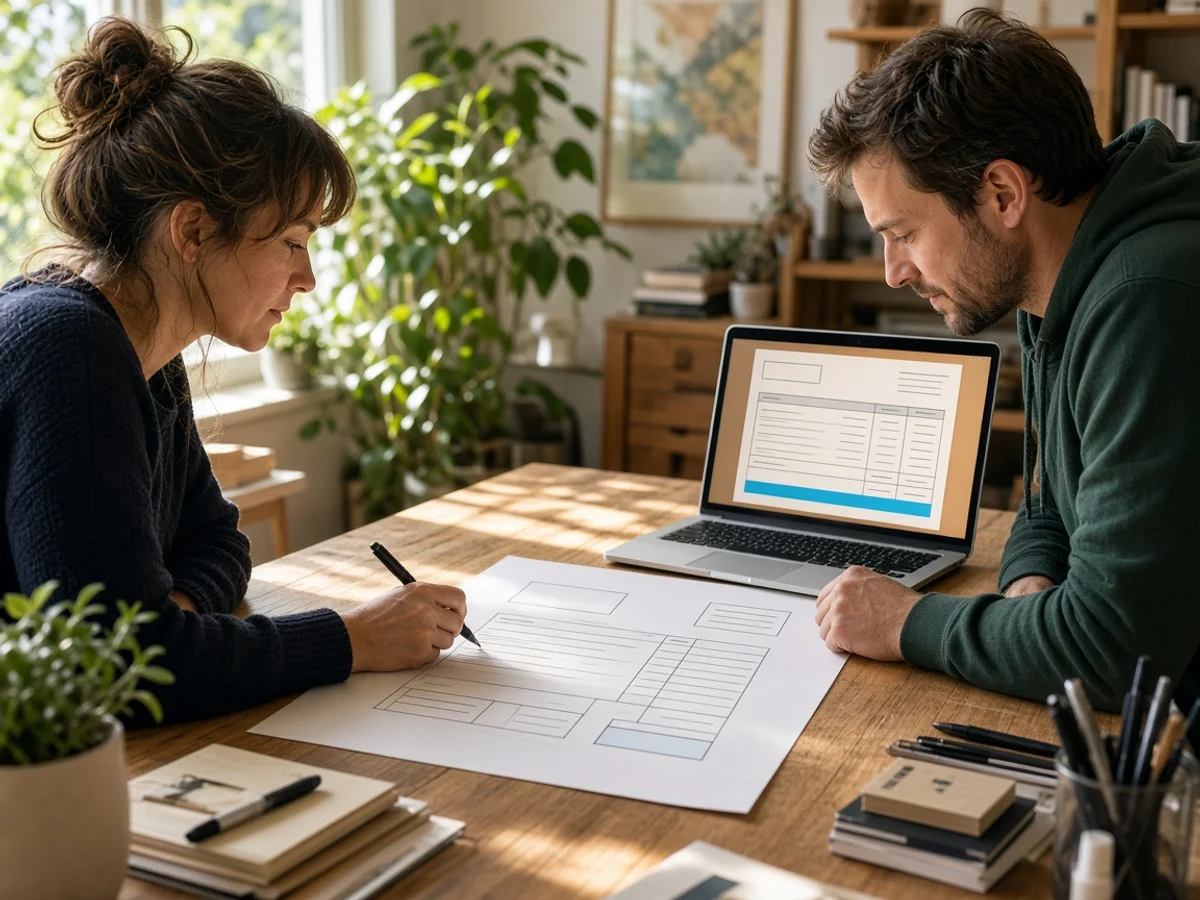 Designers planning a custom invoice layout beside a laptop in a sunlit studio