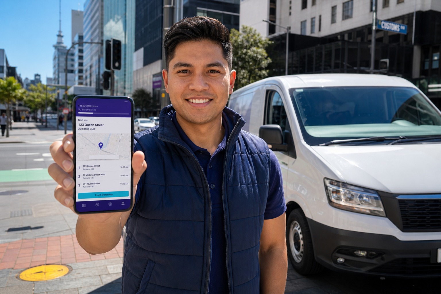 Bright Auckland street with a courier tracking a delivery on an original last mile app