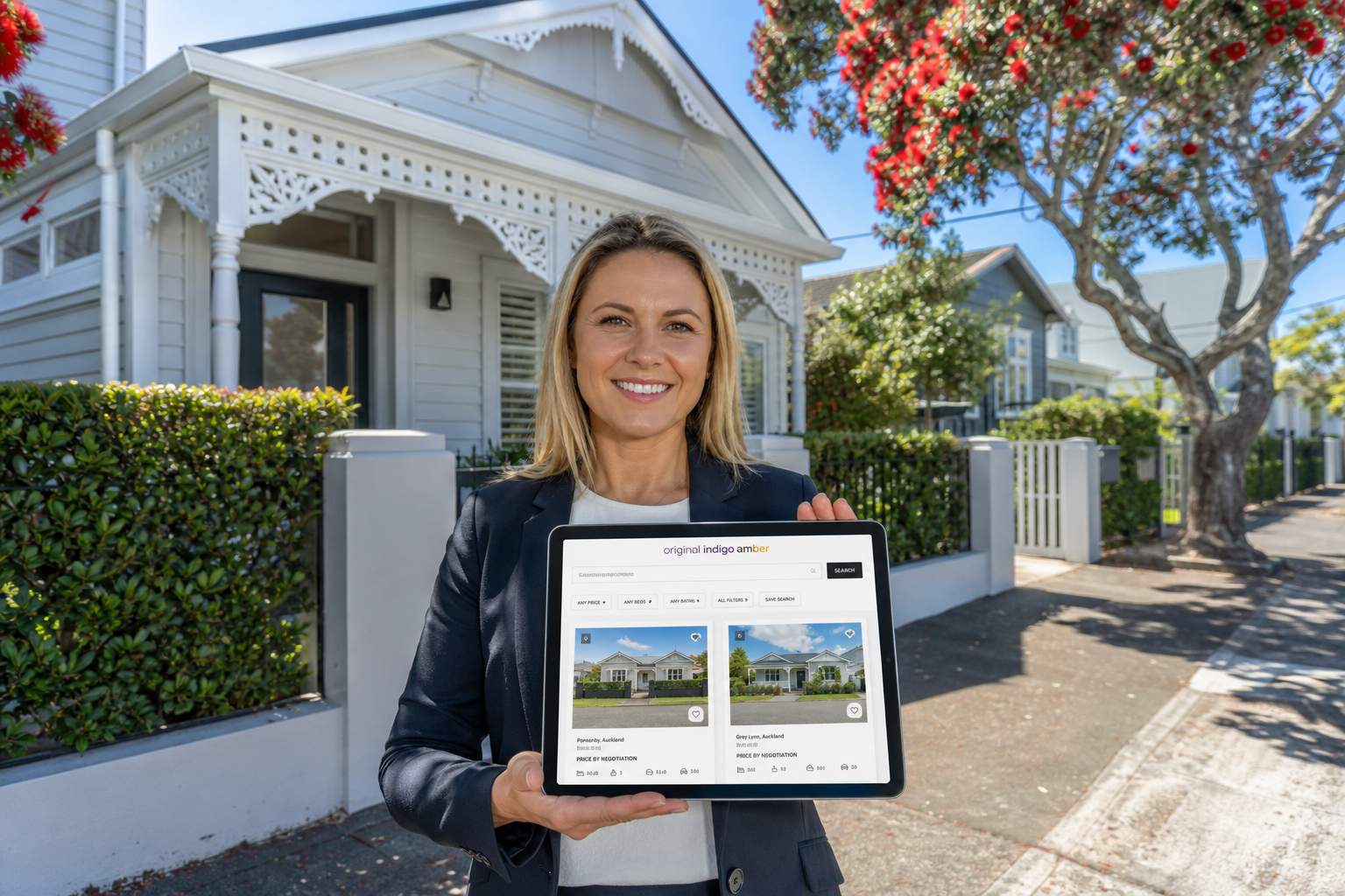 Bright Auckland villa street with an agent using an original property search app on a tablet