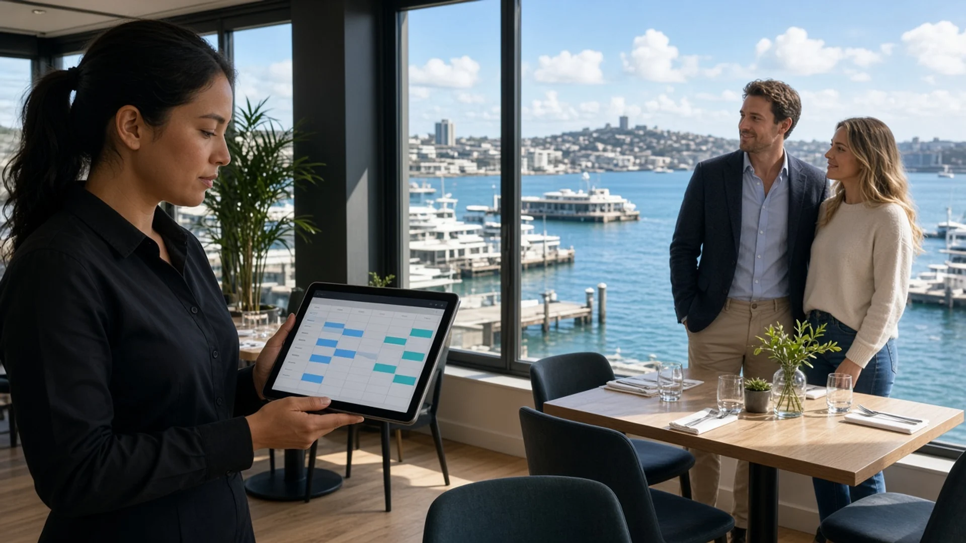 Bright Auckland restaurant where a host reviews an original reservation list by the window