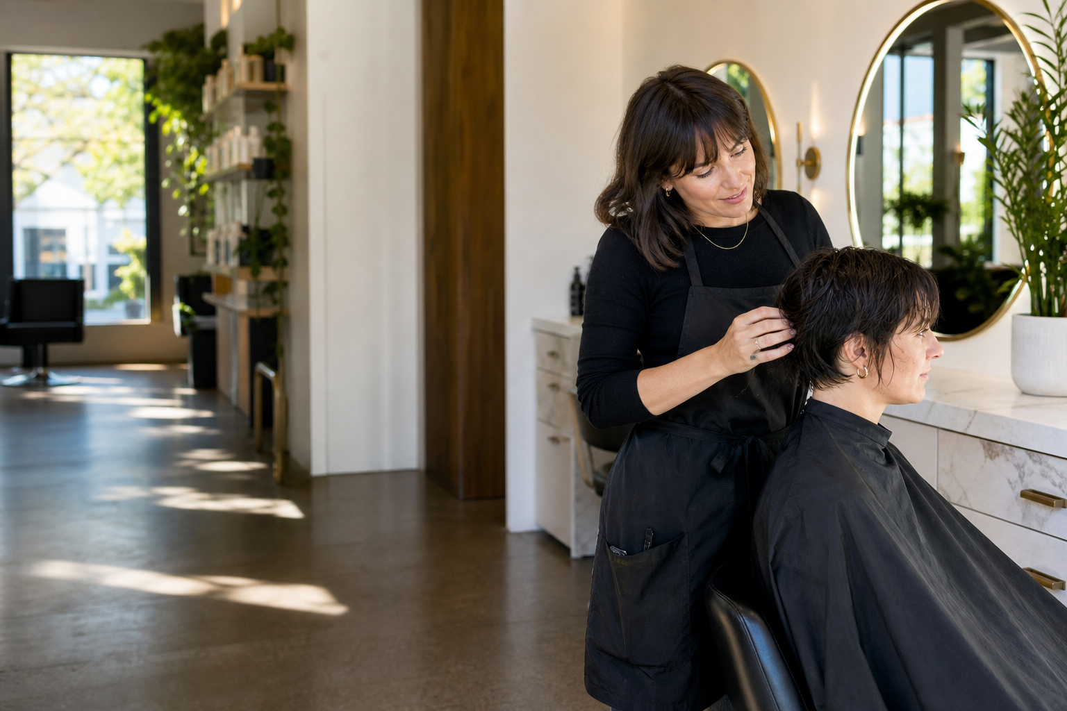 Bright Auckland salon interior with a stylist and client in natural daylight