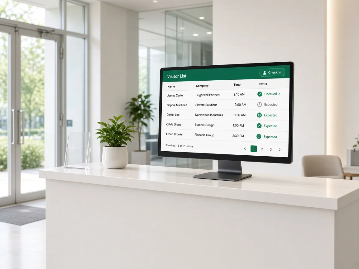 Bright reception desk with an original visitor list on a large monitor