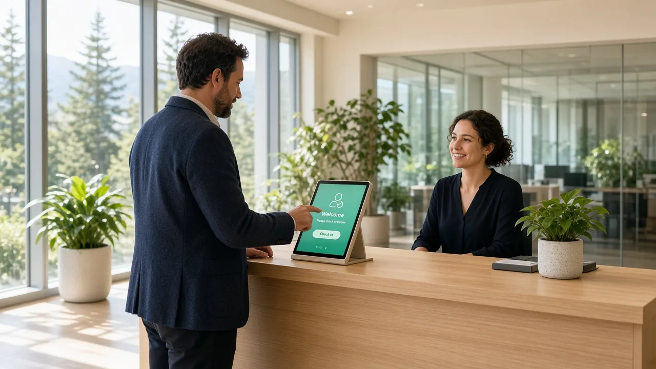Bright New Zealand office lobby with a visitor using an original emerald check-in tablet at reception