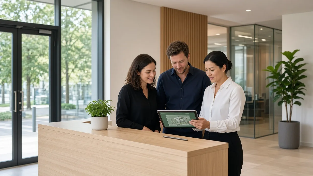 Bright reception team reviewing an original visitor plan in a New Zealand lobby
