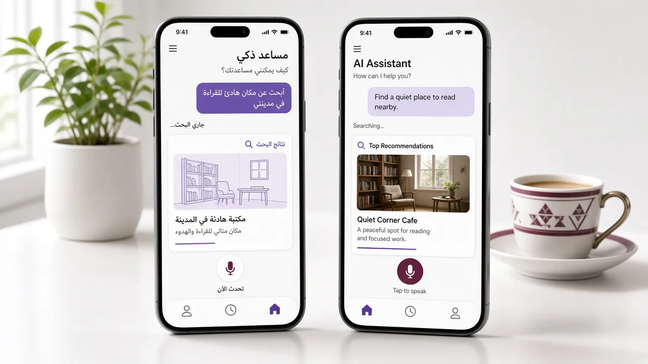 Arabic and English AI assistant interfaces shown side by side on smartphones