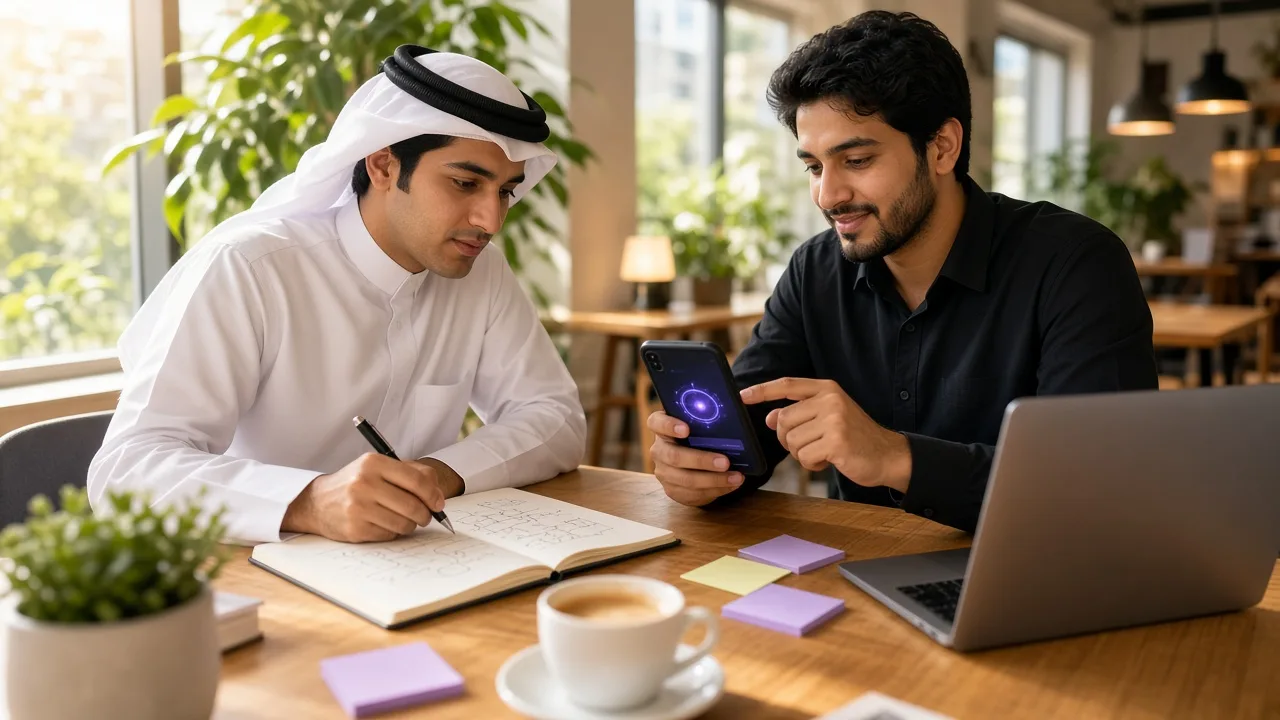 Founder sketching an AI product idea with a technical consultant