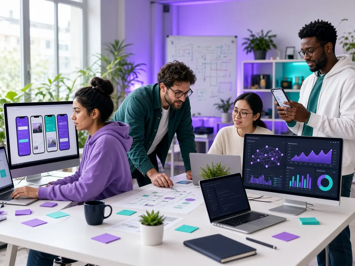 AI development team reviewing application requirements with business stakeholders