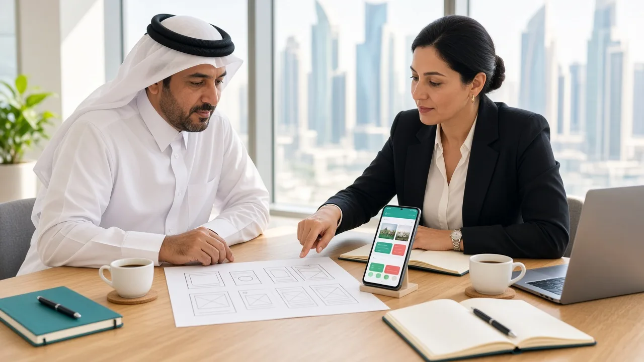 Business owner in Doha sketching an Android app idea with a mobile product consultant