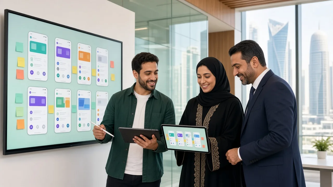 Qatari business team reviewing an Android app plan with developers in a Lusail office