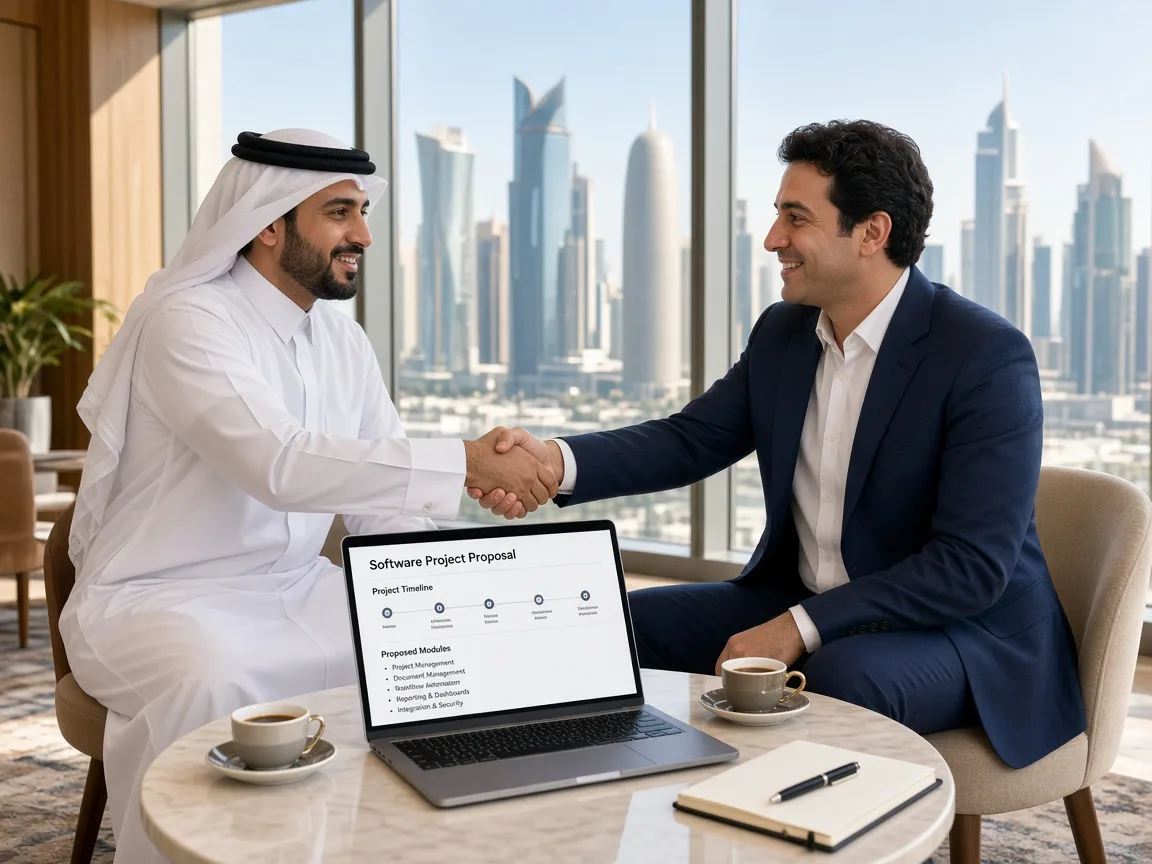 Qatari businessman shaking hands with a software consultant over a laptop showing a custom software project proposal in a Doha office